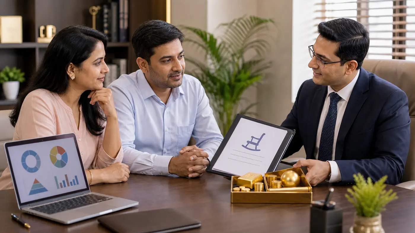 Finance team reviewing retirement bucket planning documents with a symbolic gold allocation in a corporate boardroom.