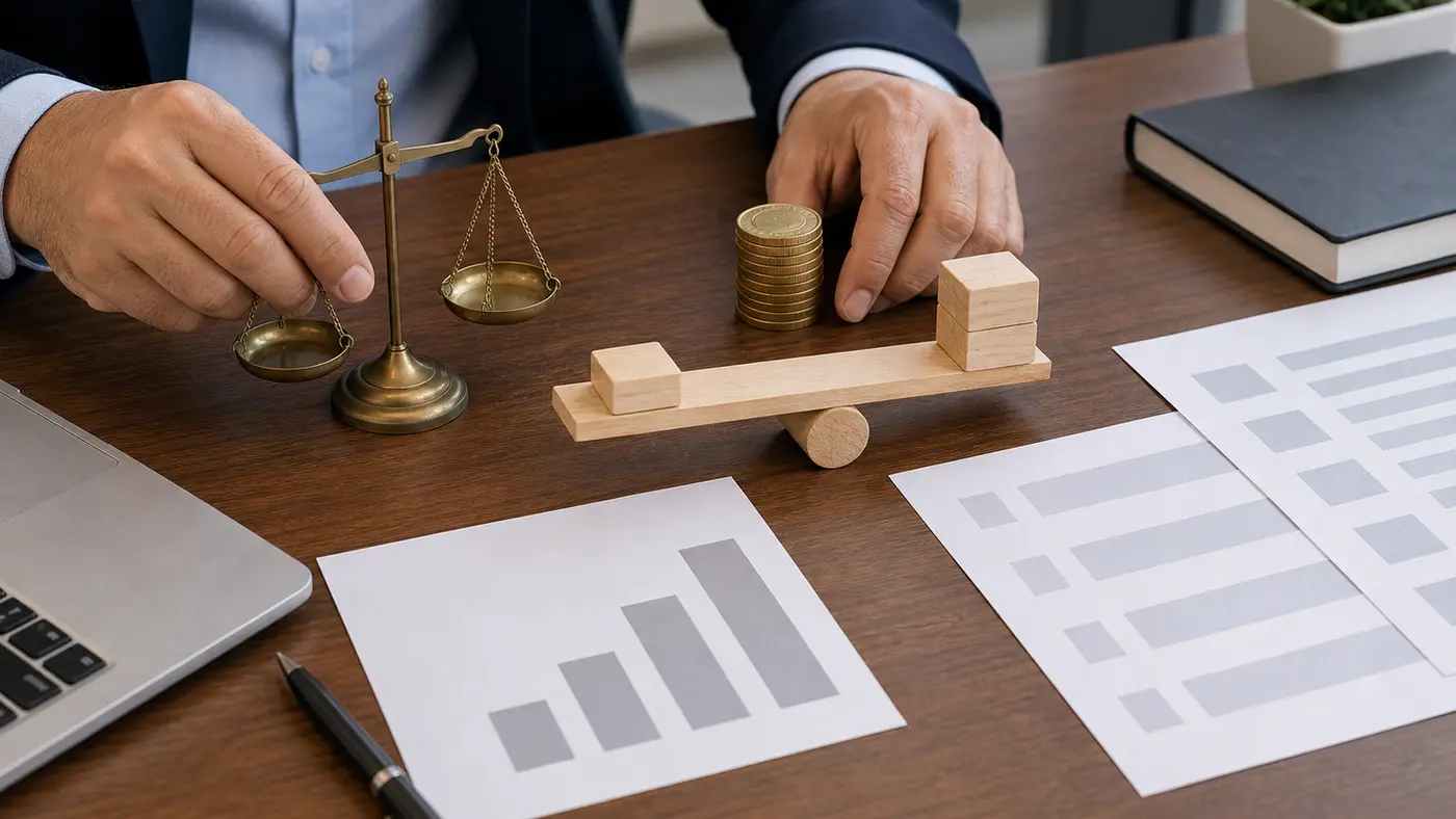 Advisor arranging a balance scale coin stack leverage blocks and blank margin review cards on a desk